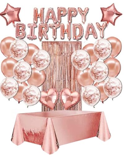 Pack Decoración Rose Gold Fiesta Cumpleaños Cortina Globos Confeti