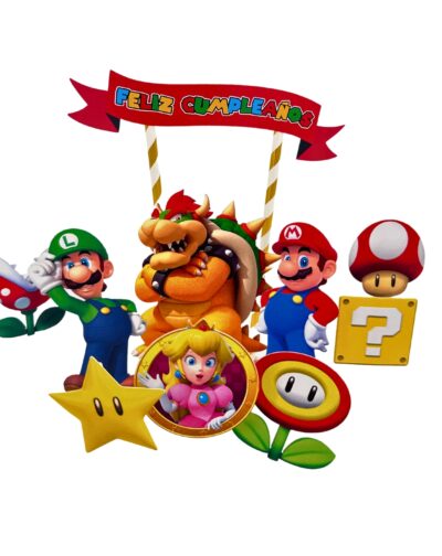 Topper Decoración Torta Super Feliz Cumpleaños Mario Bross