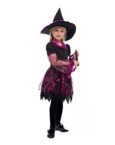 Disfraz Bruja Fucsia Negro Infantil Diseño Noche Halloween Hechicera