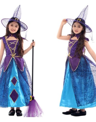 Disfraz Bruja Azul Violeta Infantil Diseño Noche Halloween Hechicera