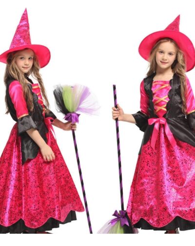 Disfraz Bruja Fucsia Infantil Diseño Noche Halloween Hechicera