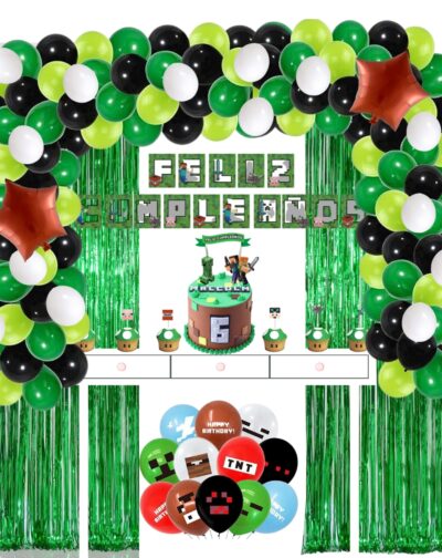 Cotillón Cumpleaños Decoración Globos Temática Minecraft